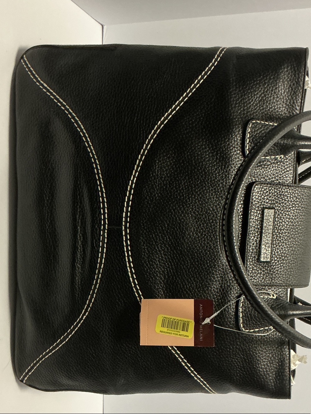 ANTONIO MELANI Black Leather Tote with Contrast White Stitching